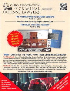 Page one from Brochure for OACDL DUI seminar March 10-12 2016