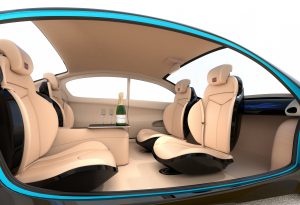 Driverless car interior with champaign bottles